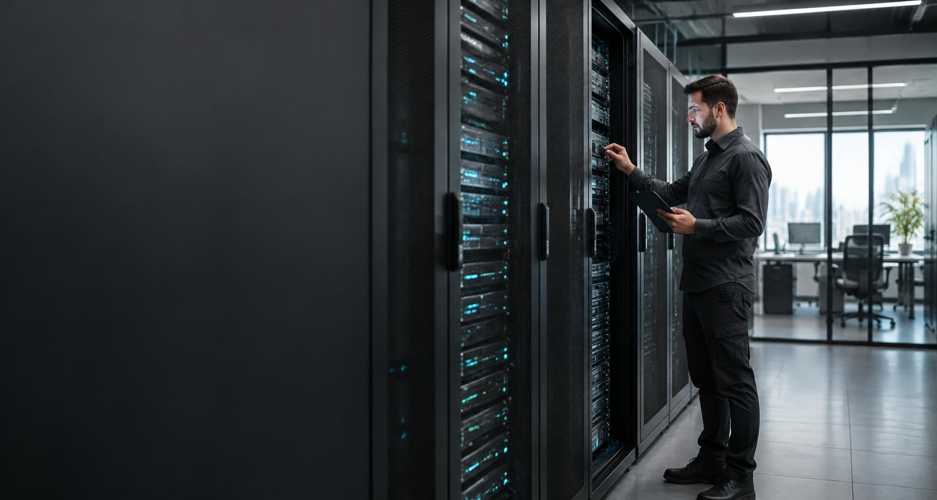 IT technician inspecting business server infrastructure